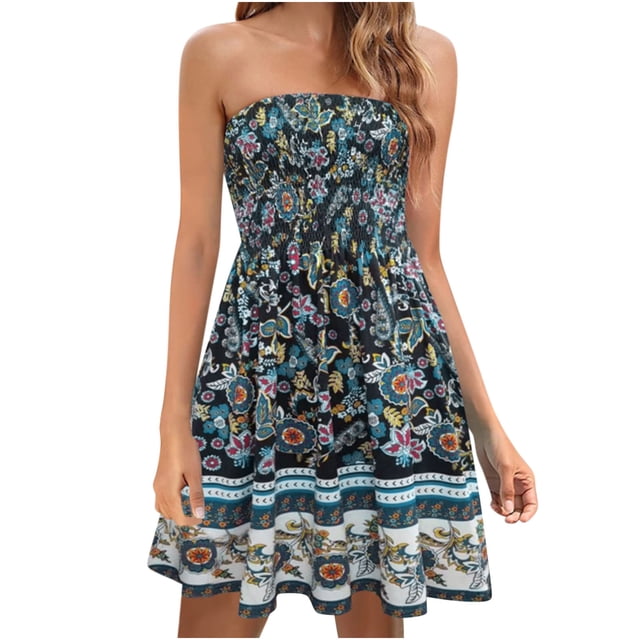 Dvkptbk Women's Summer Dresses 2024 Mode Boho Floral Robe de Plage Sans Bretelles Maxi Robe Grande Taille Tube Top Longue Jupe Robe de Plage