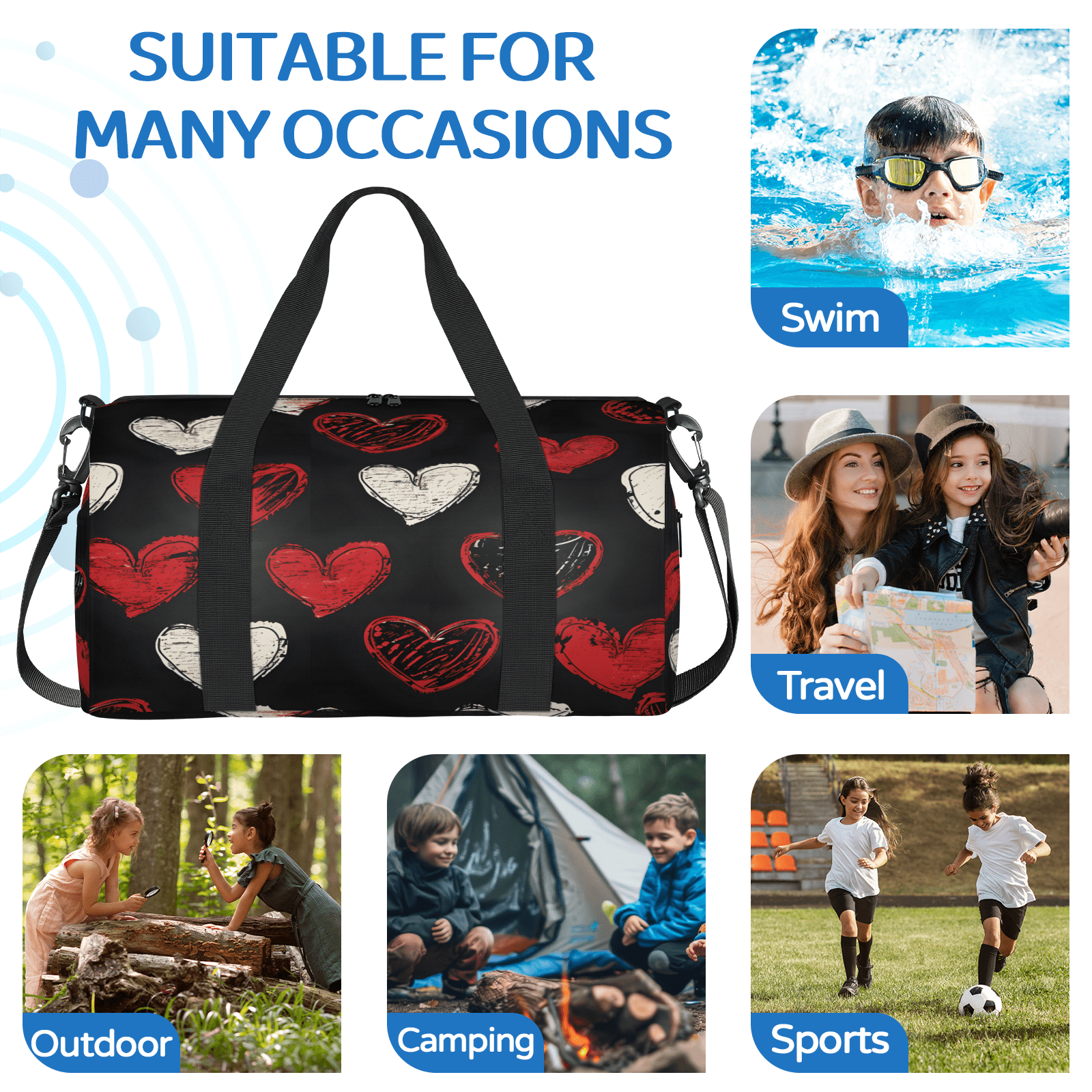 Herdesigns Black Red Hearts Gym Bag for Women, Duffle Bag for Travel Sport, Hearts Romantic Lightweight Waterproof Carry on Weekender Dance Yoga Workout Bags