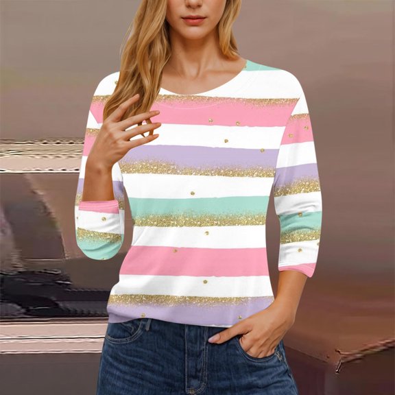 Fznquz 3/4 Sleeve T Shirts for Women Pink Casual T Shirts Striped Casual Winter Womens Fall Clothing,L