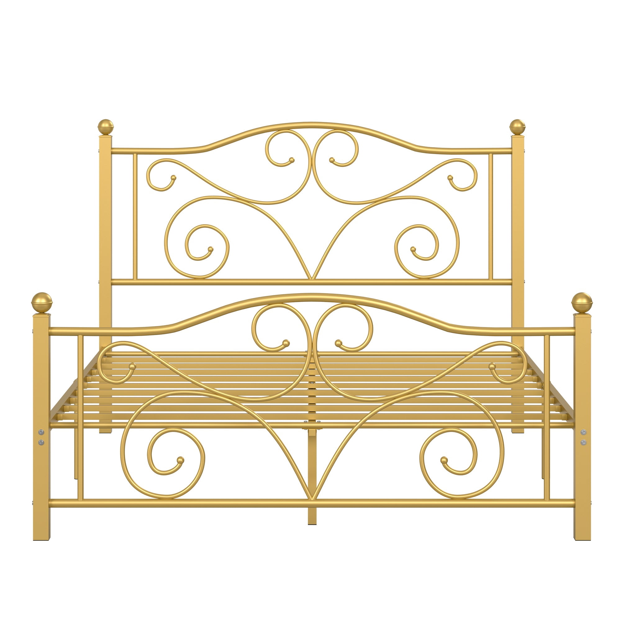 VECELO Queen Size Metal Platform Bed Frame with Arched Headboard and Footboard, Heavy Duty Steel Slat Support, Under-Bed Storage, No Box Spring Needed, Gold