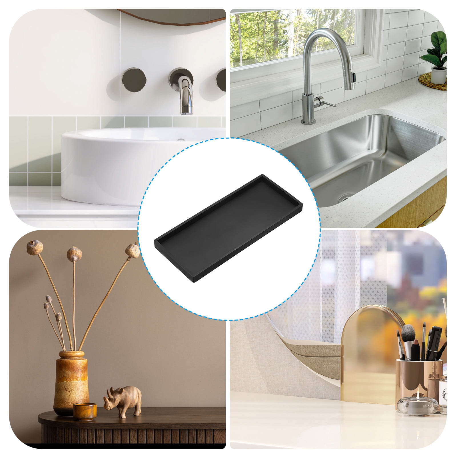 Unique Bargains Silicone Bathroom Tray for Kitchen Sink 12" x 5" Black