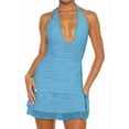 thumbnail image 1 of Women'S Backless Deep V Neck Ruched Bodycon Dress Summer Side Slit Mesh Hem Club Party Short Mini Dress Blue M, 1 of 9