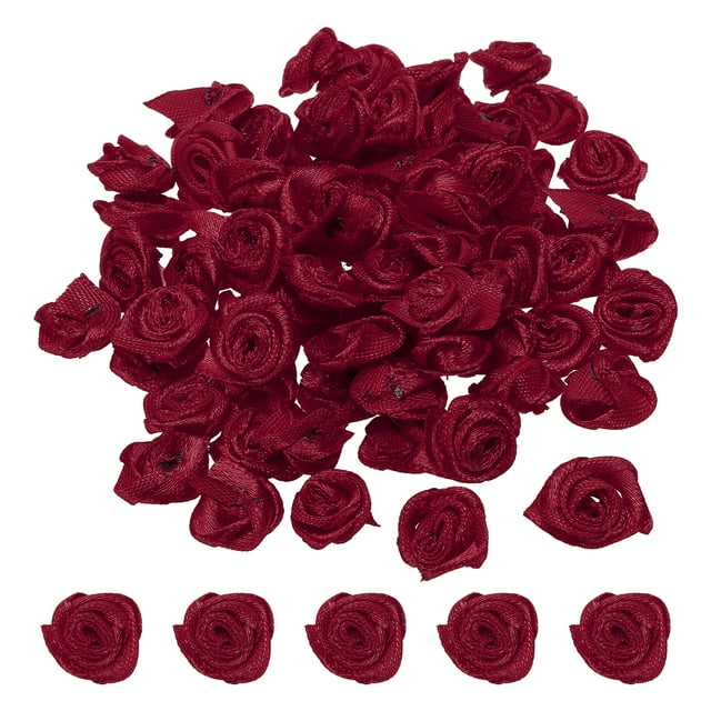 Unique Bargains Mini Satin Ribbon Roses Tiny Fabric Flowers Embellishments Rosettes Applique Burgundy 50 Pcs