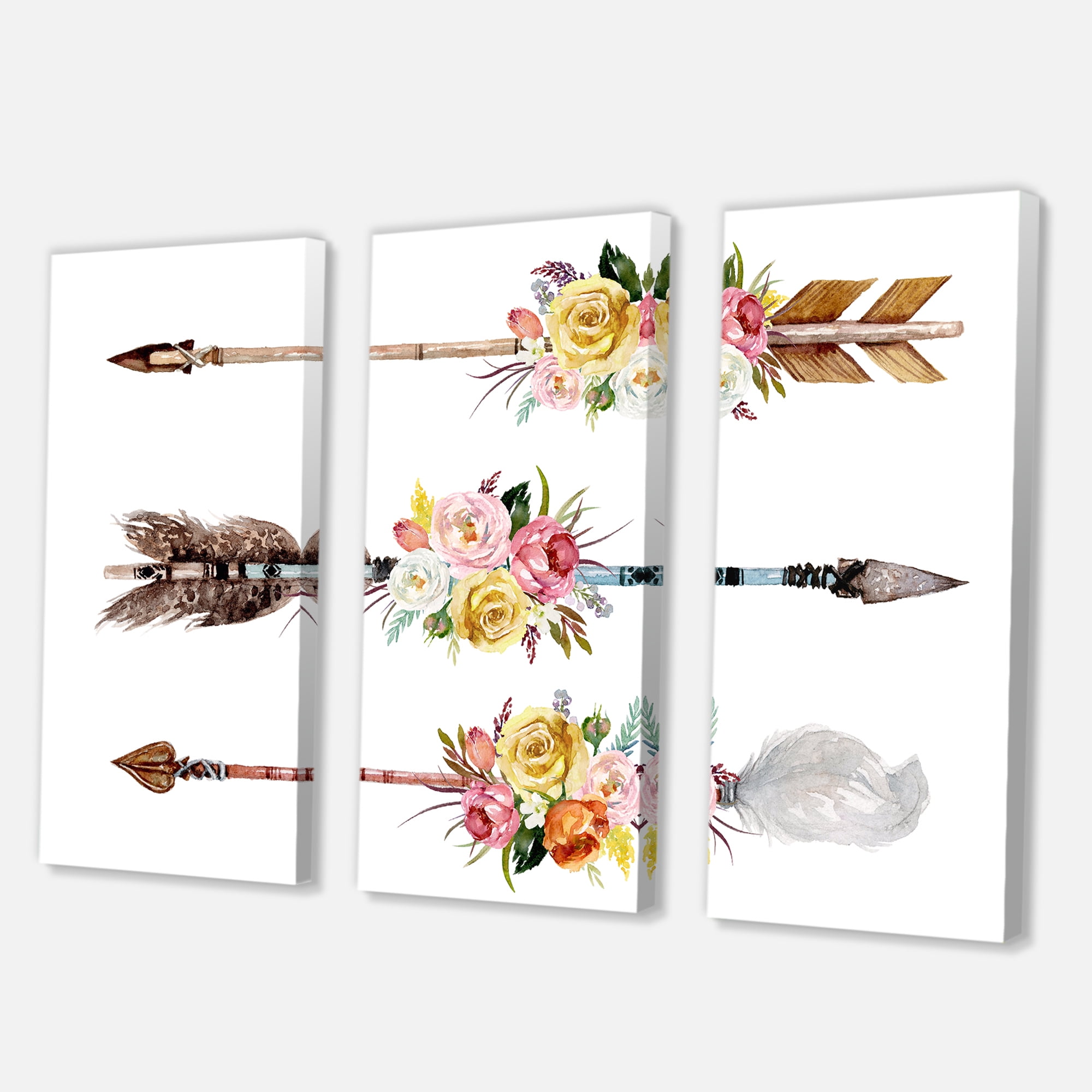 Flowers and Ethnic Feathers On Native Arrows II 28 in x 36 in Painting Canvas Art Print, by Designart