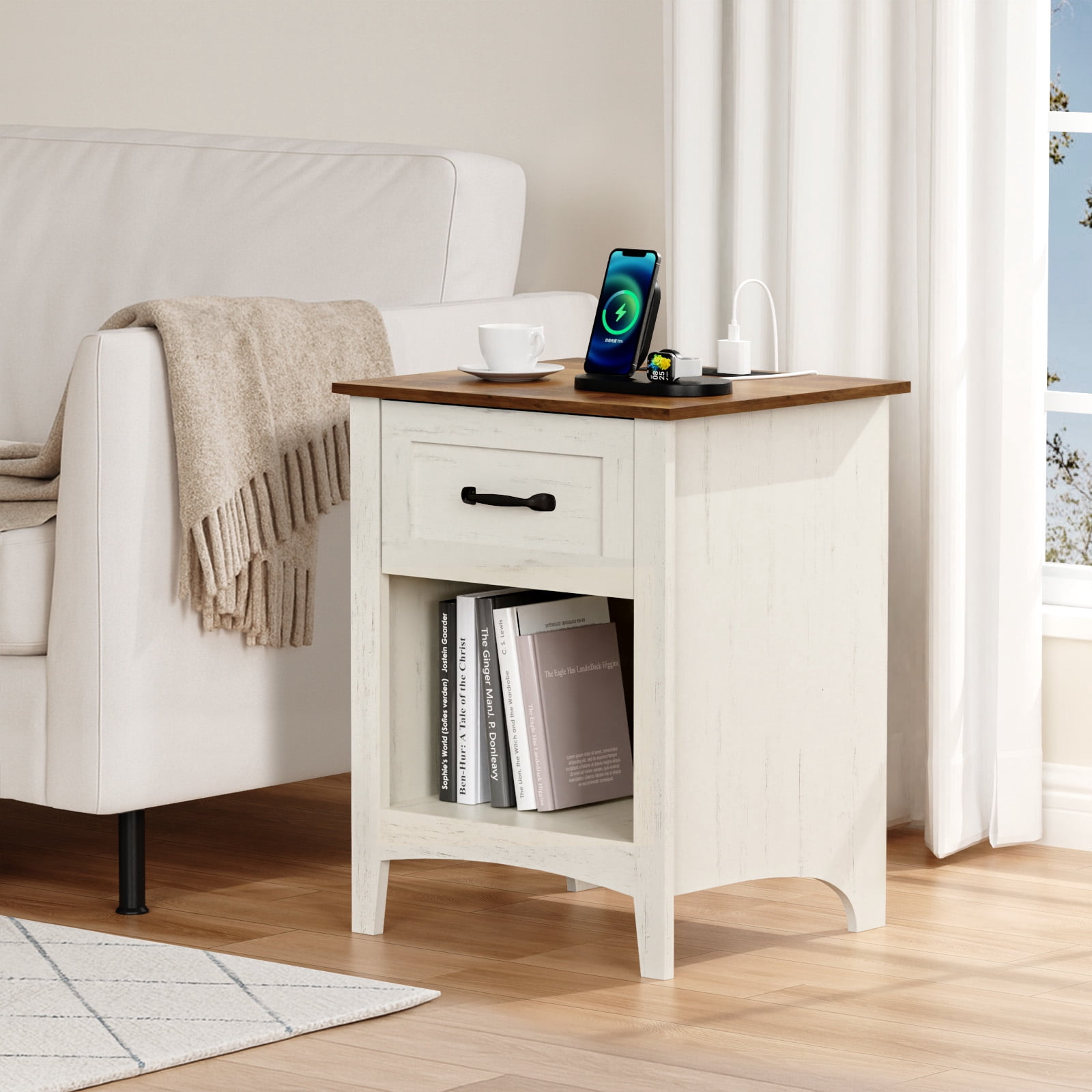 Hommpa End Table With Charging Station For Living Room, Farmhouse Side Table with Drawer, Nightstand Bedside Table with Storage Shelves For Bedroom, Rustic White