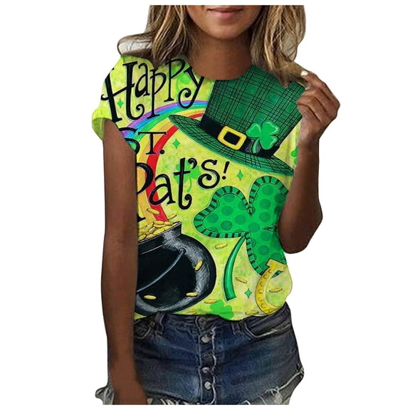 Guluxicc T-Shirts for Women Casual Crewneck Short Sleeve Tees St Patrick Day Shamrock Graphic Printed Pullover Tops, L
