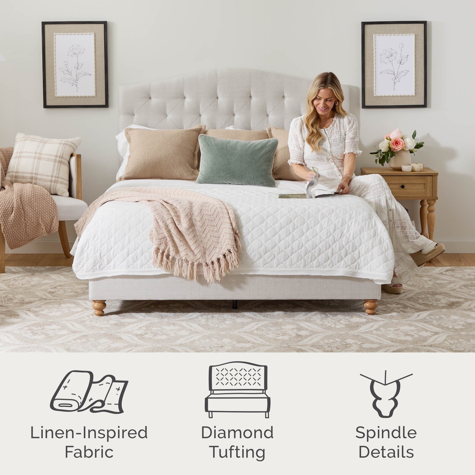 My Texas House Anna King Diamond Tufted Upholstered Slat Bed with Hardware, Cream