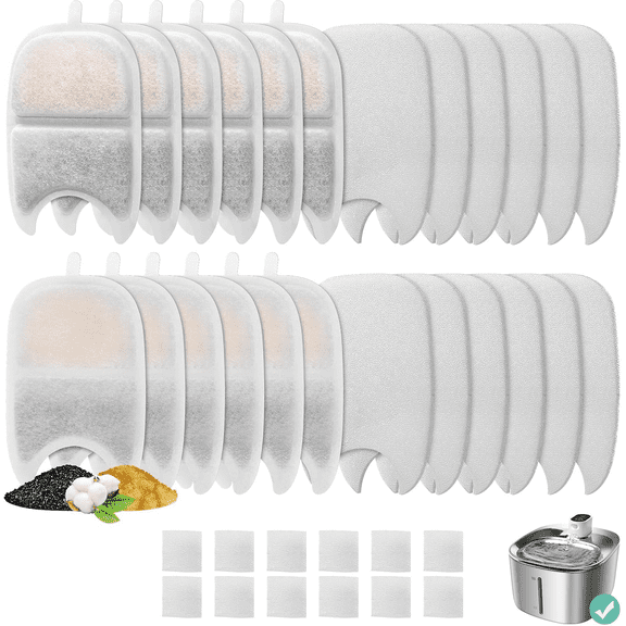 12 Pack Cat Water Fountain Replacement Filters with Sponges, Triple Filtration Filter Set for 135 fl oz/4L Wireless Pet Water Fountain, Dog & Cat Fountain Filter Replacements