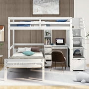 Euroco Wood Twin Bunk Loft Bed with Desk, Drawers and Shelf for Kids Teens, White