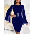 thumbnail image 5 of Navy Blue Bodycon Dress With Sheer Cape Sleeves And Rhinestone Belt, 5 of 7