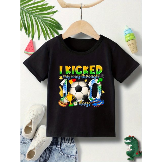 Boys' 100 Days to School T-Shirt - Soft, Comfortable, All Season Black/ White Footballt-Shirt with Colorful School Theme Pattern Boys' T-Shirt