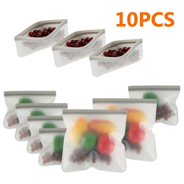 Pluokvzr 10PCS Reusable Silicone Food Bag Fresh-Grocery Bag Vacuum Bags, Freezer Bags Leakproof Lunch Bags