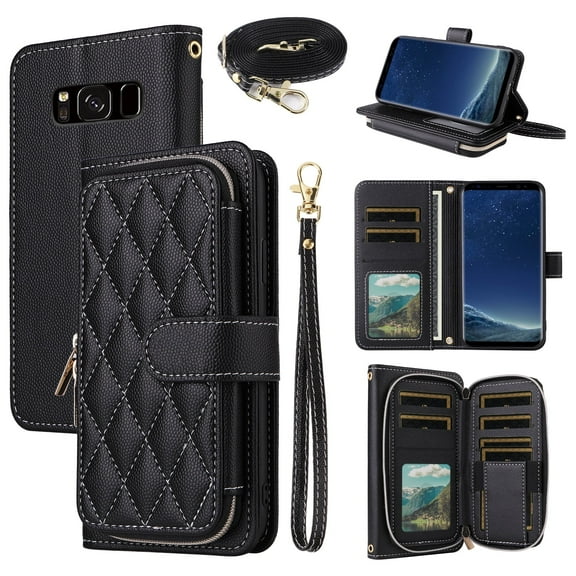 Argyle Wallet Case for Samsung Galaxy S8 Plus with Wrist Strap Shoulder Strap,Flip Credit Card Holder Stand Accessories Cell Phone Cover for S8plus S 8 8plus 8S Edge S8  SM-G955U Women Girls Black