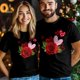 thumbnail image 5 of Camisetas para hombre, camiseta de algodón con cuello redondo, rosas rojas y corazones, manga corta para hombre, San Valentín, amor, corazón, flores y hojas., 5 of 8