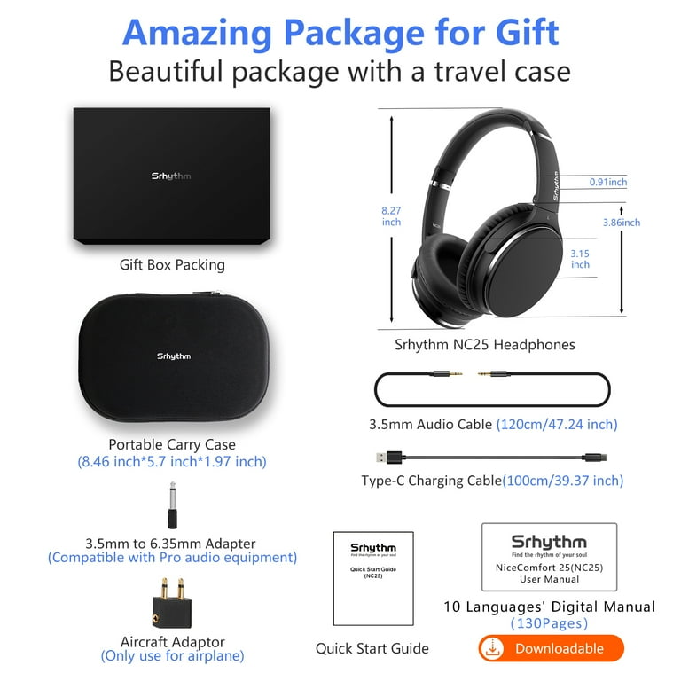 Srhythm NC25 Noise Cancelling Stereo Headphones Bluetooth 5.3, ANC Headset over-Ear with Hi-Fi,Mic,50H Playtime,Low Latency Game Mode