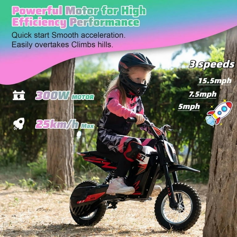RCB Electric Dirt Bike, 36V& 300w & 9.3Miles,3 Speed Modes Motocross for Kids Ages 3-12 Red
