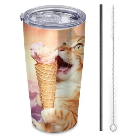 

happy orange cat eating ice cream in the sky Insulated 20 oz Stainless Steel Travel Tumbler Reusable Straw & Brush Hot & Cold Drinkware for Car Office Outdoor