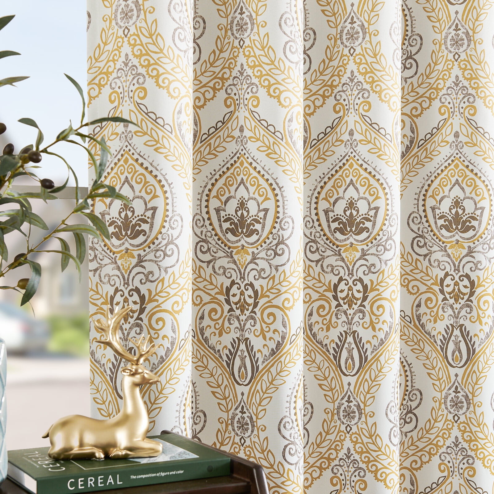 Curtainking 100% Blackout Curtains 84 in Yellow Damask Medallion Window Curtains for Bedroom Grommet Thermal Insulated Drapes for Living Room Vintage Luxury Window Treatments Set 2 Panels