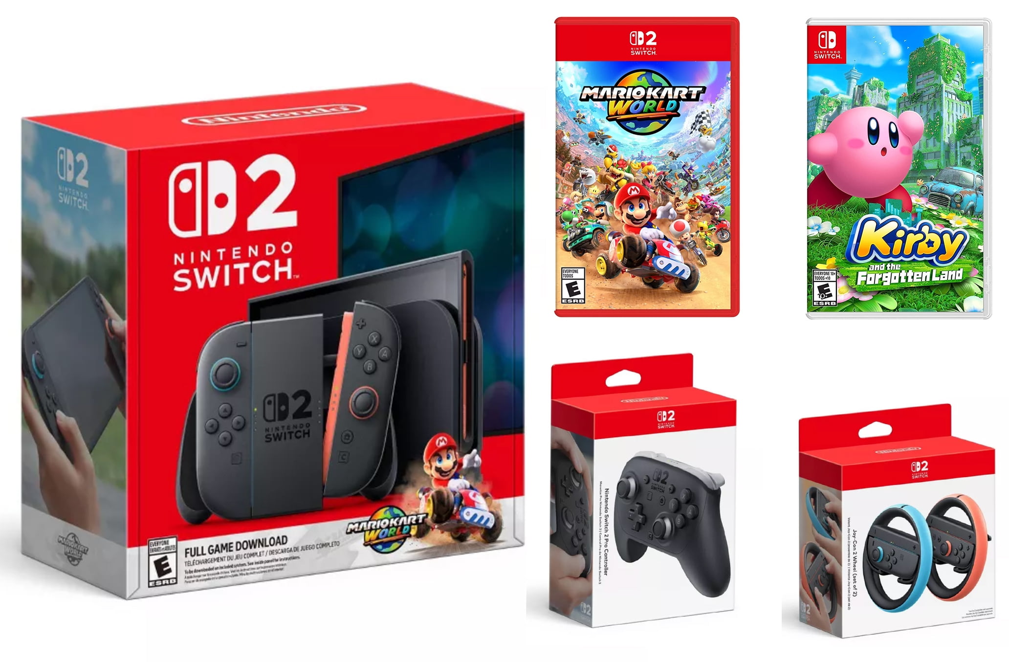 Nintendo Switch 2 Console Bundle with Mario Kart World, Kirby Forgotten Land, Pro Controller 2 and Joy Con 2 Wheel, Black