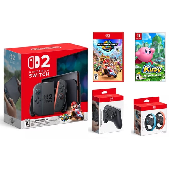 Nintendo Switch 2 Console Bundle with Mario Kart World, Kirby Forgotten Land, Pro Controller 2 and Joy Con 2 Wheel, Black