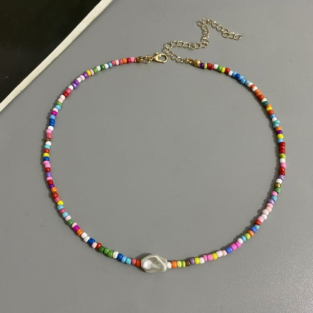 Collier de Perles Boho Mode Femme Imitation Perle Perle de Rocaille Brin Court Collier Ras-du-Cou Fait Main Bijoux Femme Gros