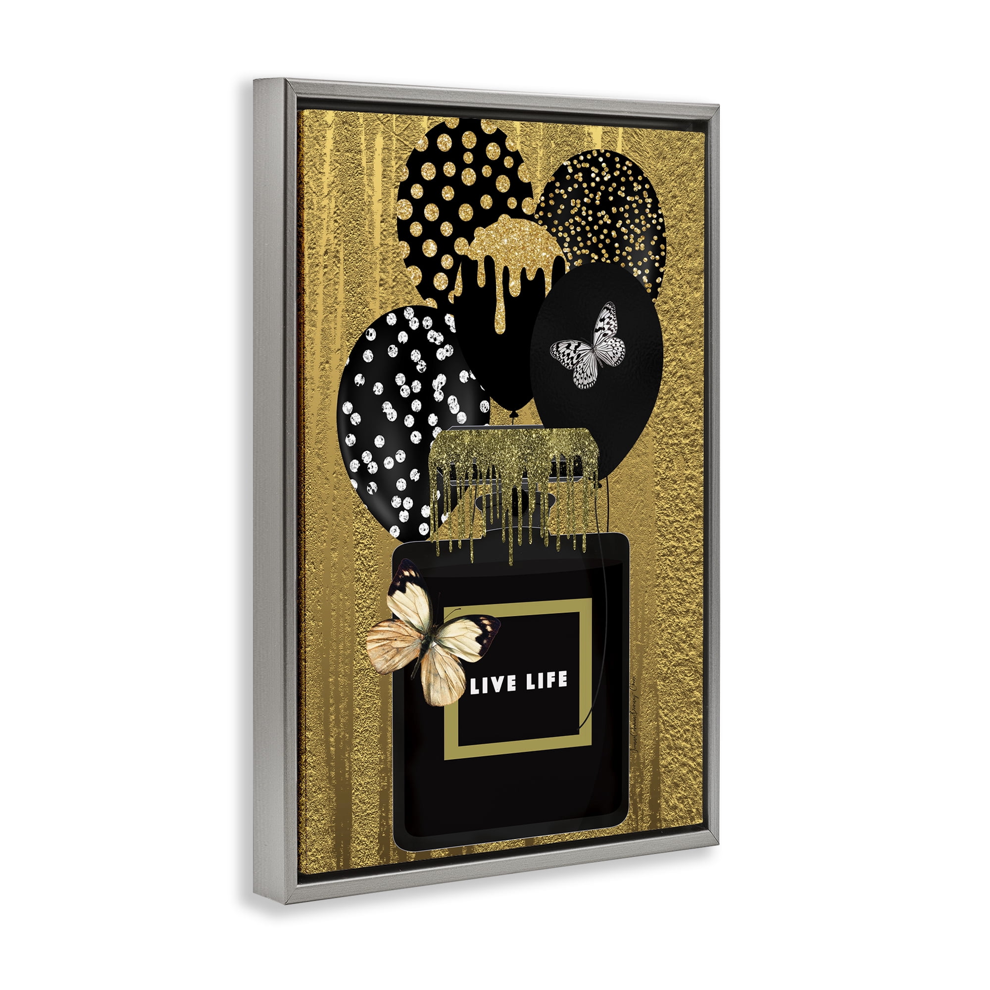 Stupell Industries Live Life Gold & Black Fashion Painting Gray Floater Framed Canvas Art Print Wall Art, 17 x 25