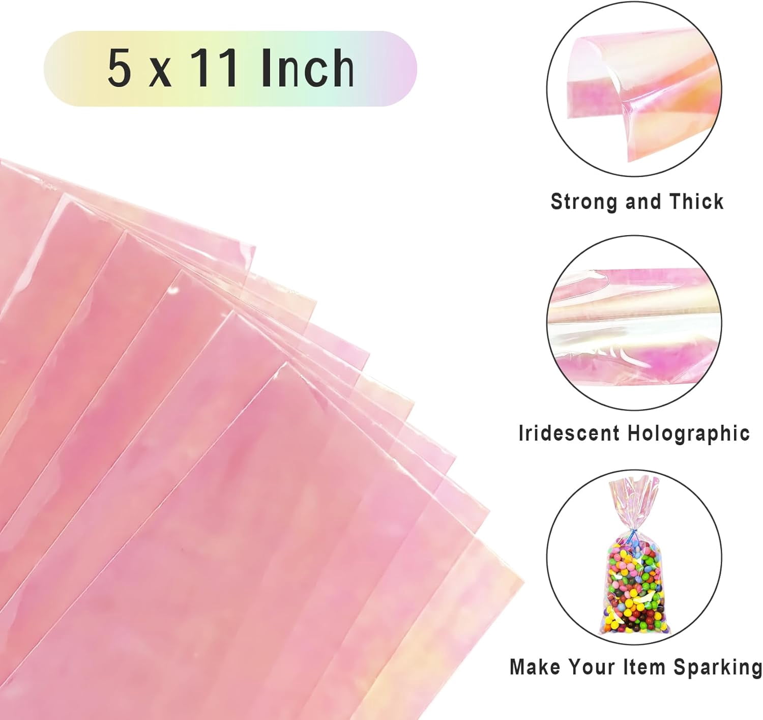 Yotelab Iridescent Holographic Cellophane Treat Bags, 5x11 Inches, Party Favors with Twist Ties, 100 Pieces