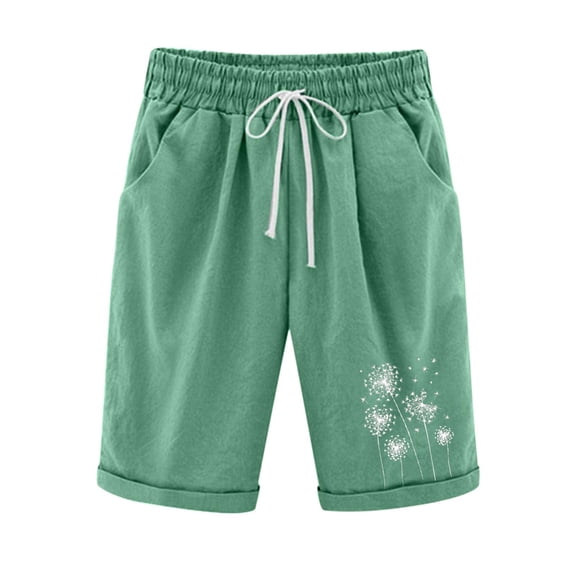 WREESH Womens Summer Beach Shorts Printed Five Points Plus Size Cotton Linen Shorts Casual Shorts Olive Green