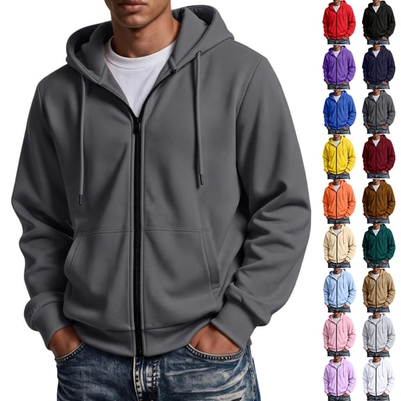 Hearthz Mens Flannel Hoodie Oversized Full Zip Up Mens Sweatshirt Hoodie Drawstring Fall Winter Warm Hoodie Jacket Men Light Gray XXL