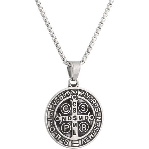 Saint Benedict Medal Necklace, Stainless Steel Catholic Pendant Necklace, Christian Religious Jewelry Gift for Men Women