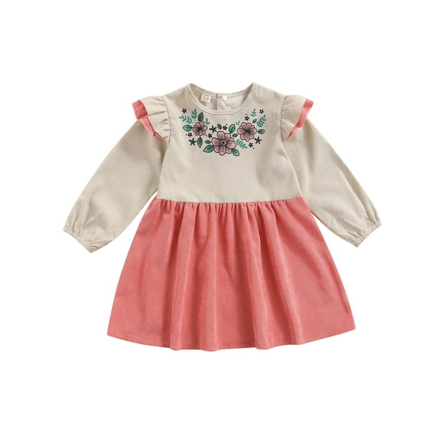 Kmbangi Baby Long Sleeve Dress with Ruffle Decoration, Flower Corduroy