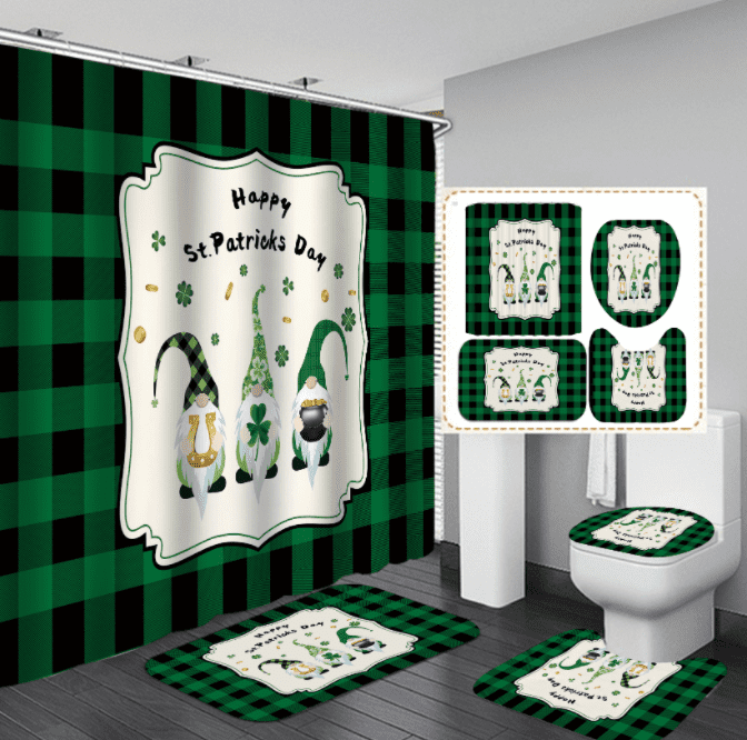 St Patrick's Day Shower Curtain Sets Green Clover Gnome Elf For Bathroom Decor 