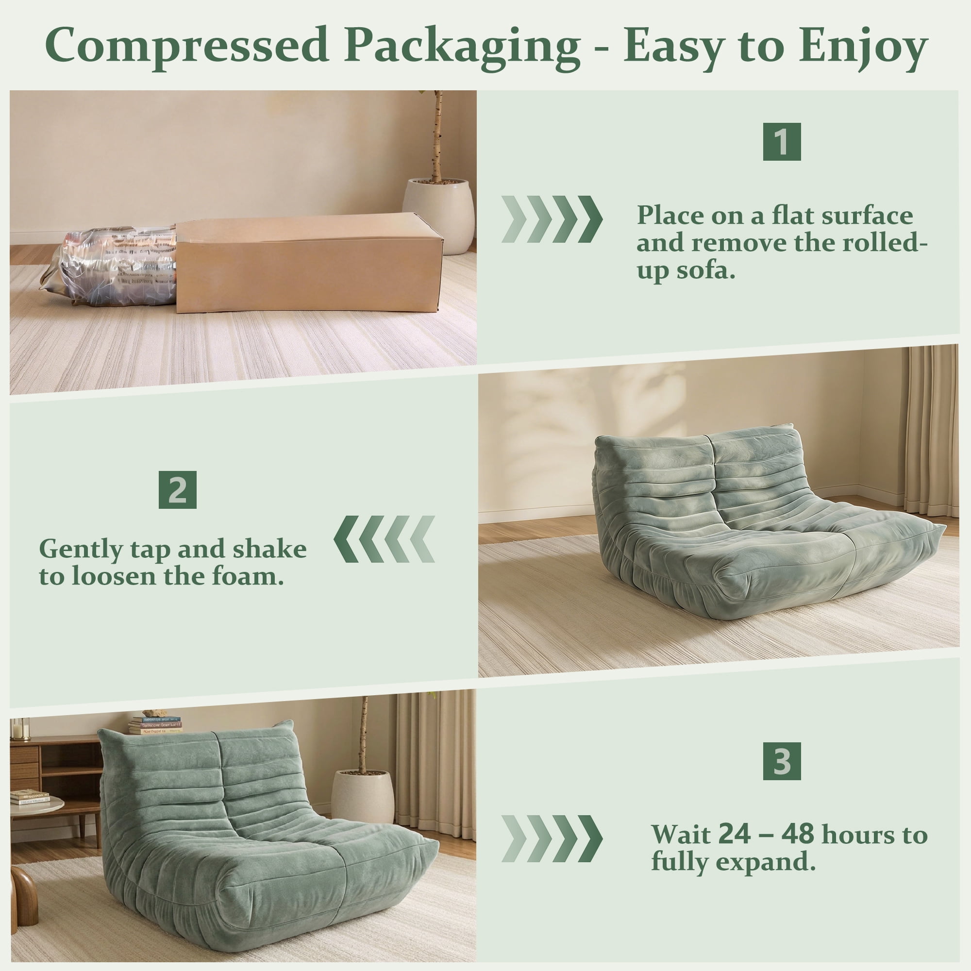 LineCrispton Memory Foam Bean Bag Chair for Adults, Luxury Fabric Compressed Sofa in a Box, Light Green, Single