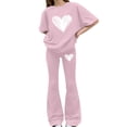 thumbnail image 2 of EnJoCho Girls Heart 2 Piece Outfit Set Kids Short Sleeve Top Baggy Legging Flared Pants Cute Graphic Casual Outfit School Trendy Little Girls Linen Short Sleeve Pants Outfit, 2 of 5