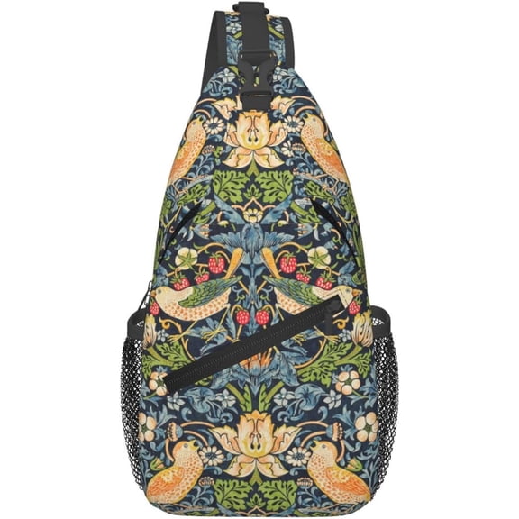William Morris Strawberry Thief Floral Sling Bag Crossbody Sling Backpack For Women Men Travel Hiking Daypack Chest Shoulder Bag