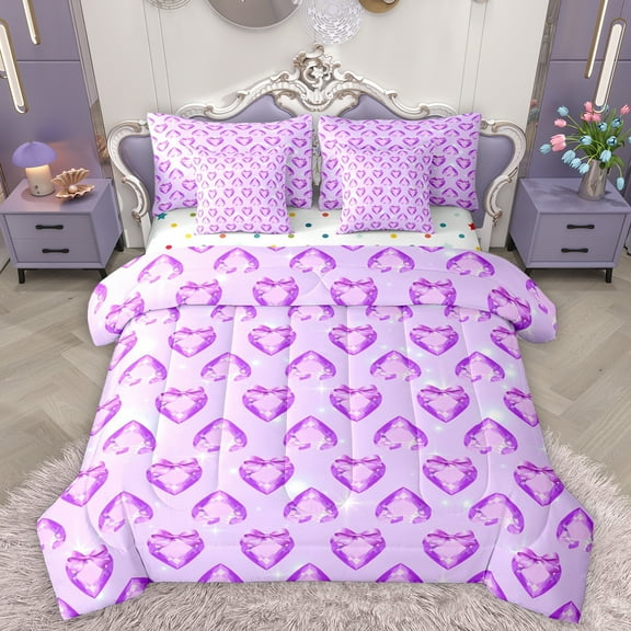 Homewish 3D Loves Diamind 7-Piece Twin Bedding Sets,Kawaii Bowtie Bowknot Bedding Comforter Set,Purple Bow Tie Sheet Sets For Girls Kids,Super Cozy Room Decor Reversible