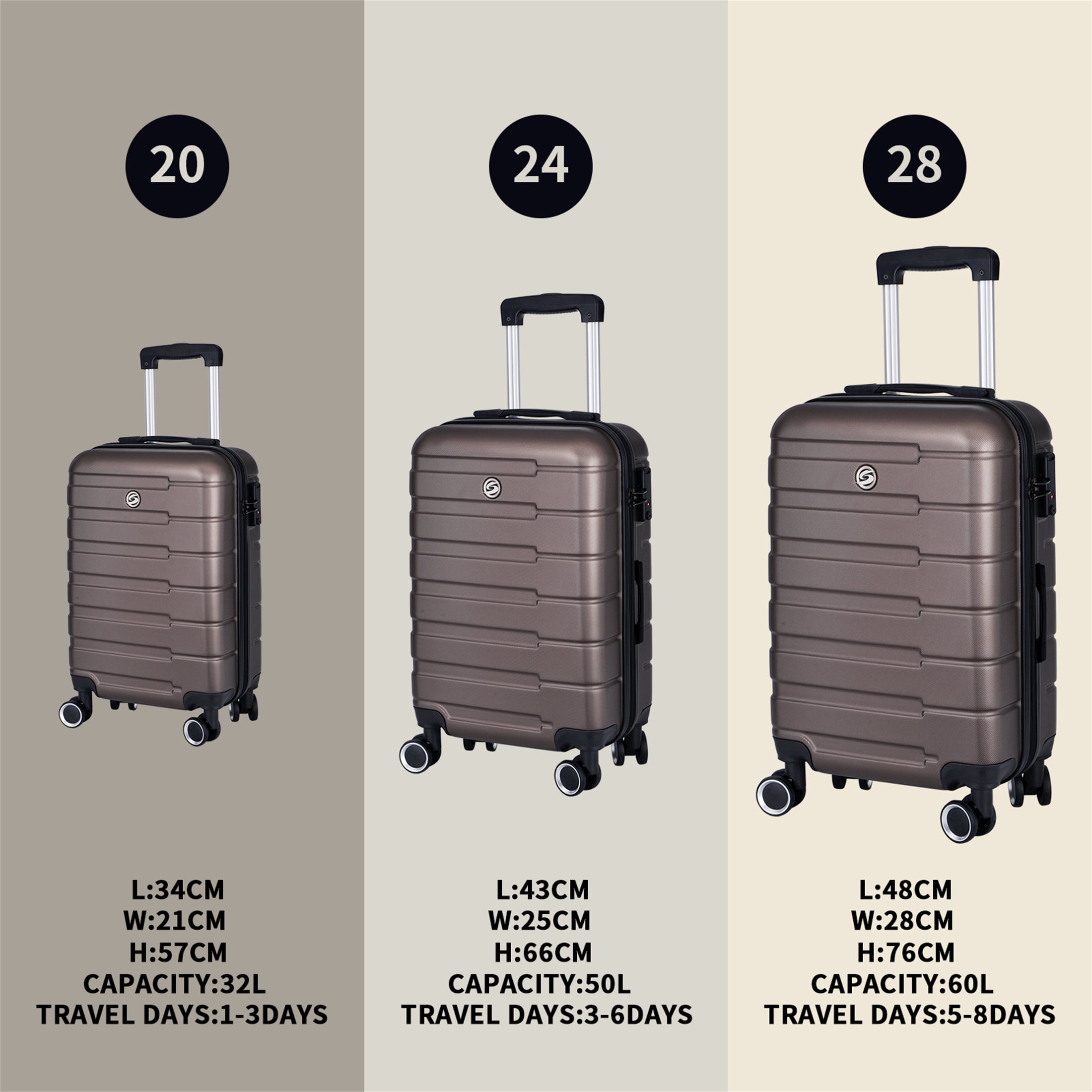 Aukfa 3 Piece Luggage Set, Hardside Carry on Suitcase w/ Double Wheels, Brown (20/24/28)