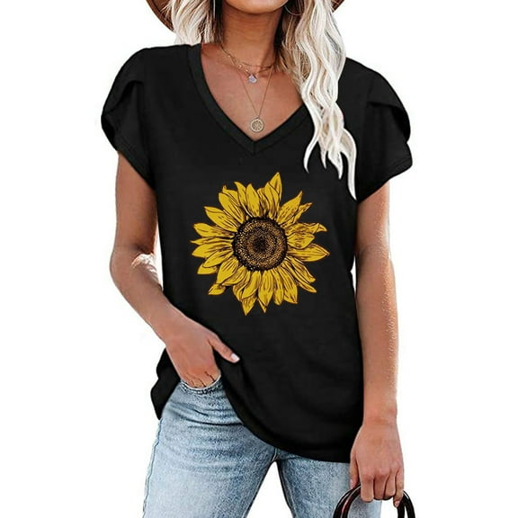 PATLOLLAV Summer Tops,Ladies Womens V-Neck Sunflower Print Tops Tshirts Casual Petal Sleeve Blouse