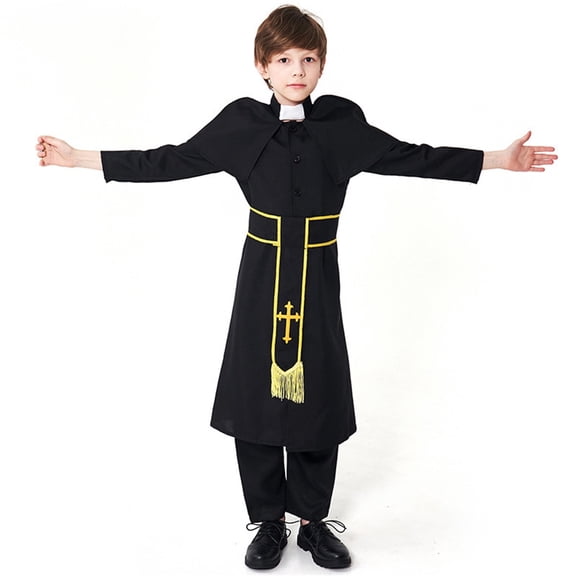 Boys Graphic Tees Kids Priest Costume Robe with Belt and Cross Girls' Tops Black 8-10 Years