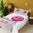 thumbnail image 2 of Ambesonne Emoji Fitted & Top Sheet Set with Shams, Smiling Evil Face and Writing, White Pink and Magenta, 2 of 5