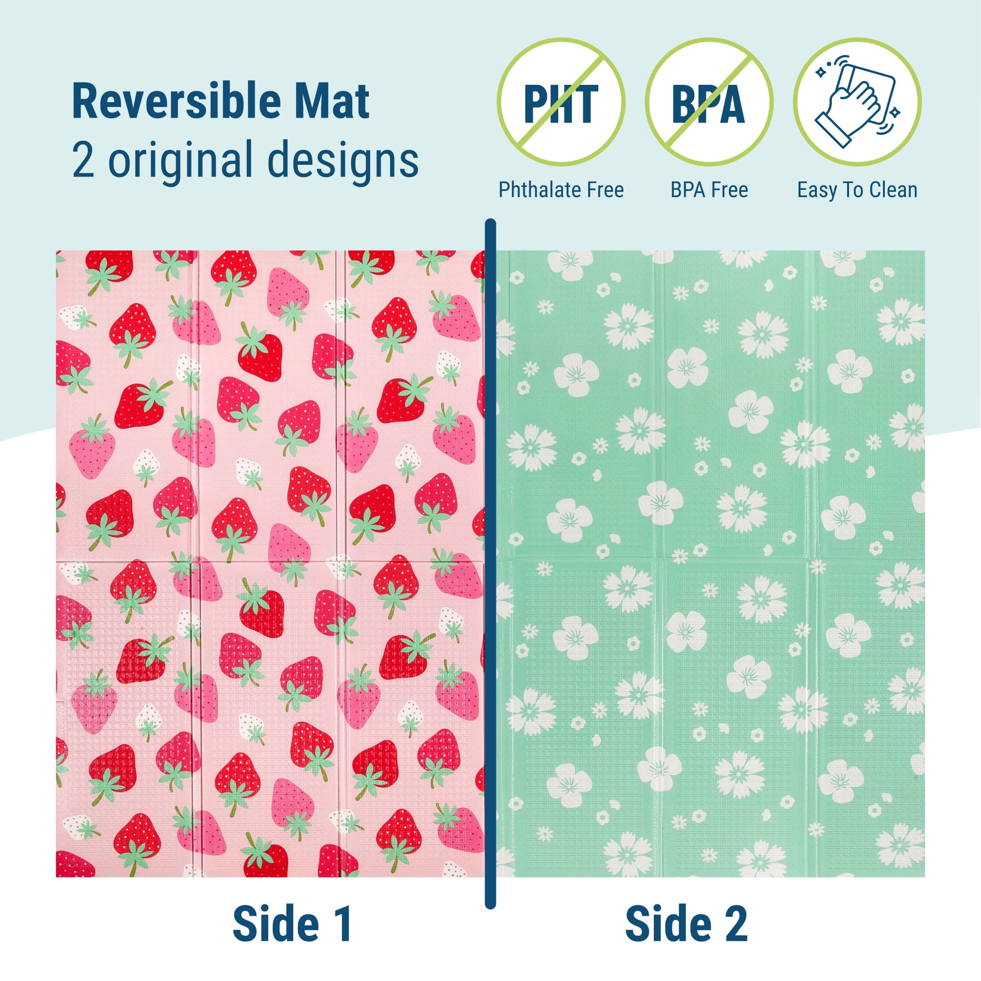 Wildkin Baby Play Mat - Large Folding Foam Play Mat for Infants, Babies, Toddlers, Waterproof, Double-sided (70" x 59") - Strawberry Patch