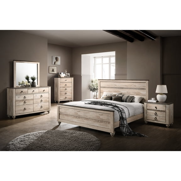 Bedroom Furniture In White Wash Style. King Size Bed With Headboard. Dresser, Mirror, Nightstand, Chest. Solid Wood Construction. Metal Handles. Spacious Drawers. Foundation - Bed, Chest