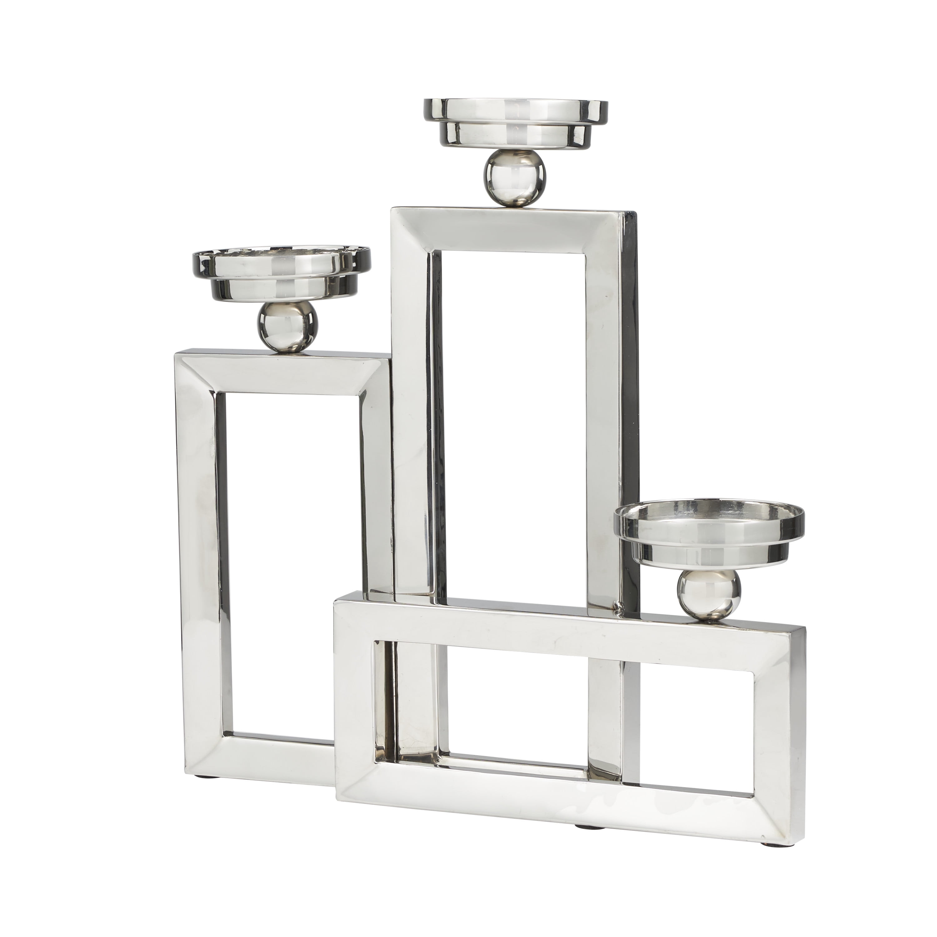DecMode 3 Holder Silver Stainless Steel Geometric Open Frame Candelabra with Various Rectangles