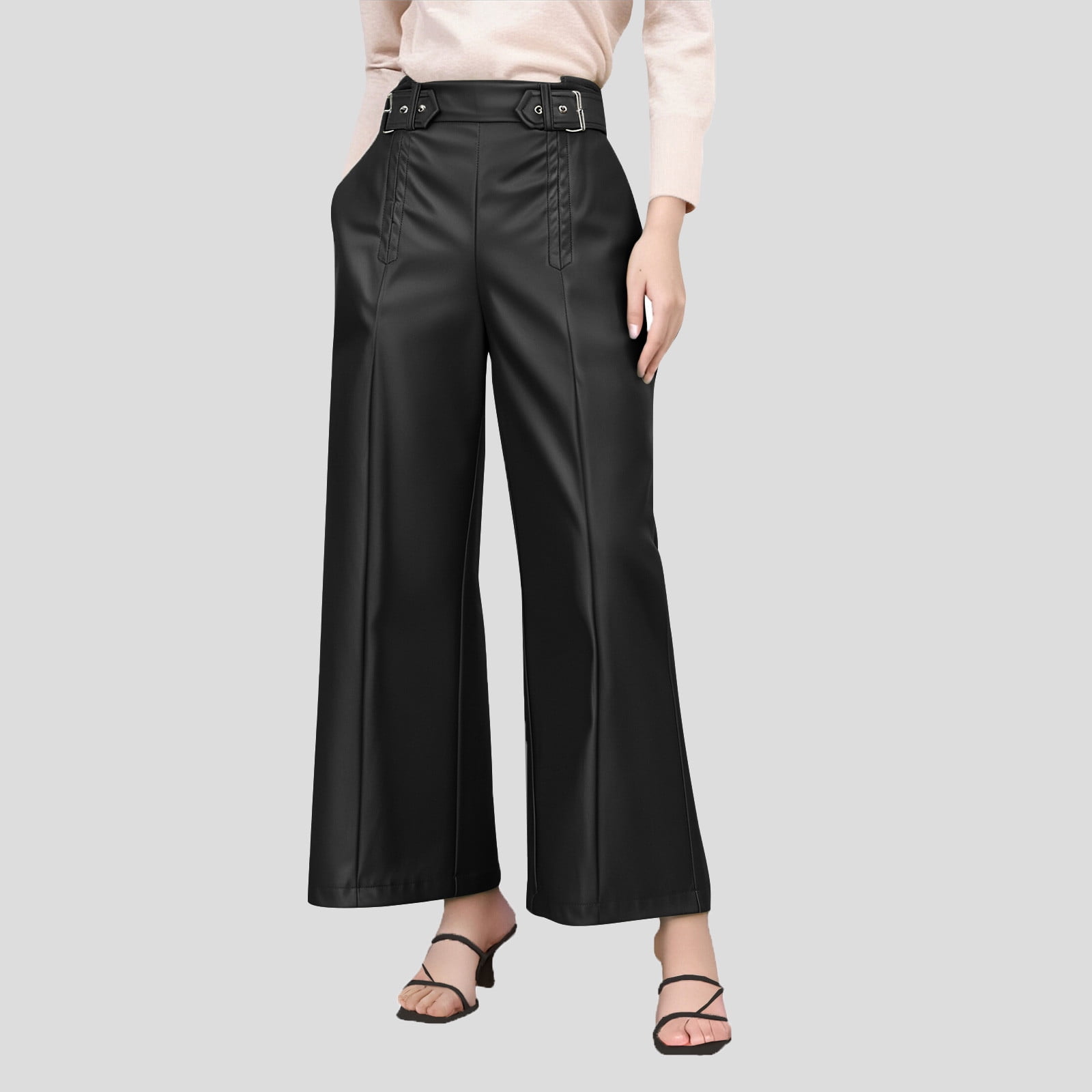 JGGSPWM High-Waist Wide Leg Pants with Belt for Women Sleek Faux Leather Trousers Black 2XL