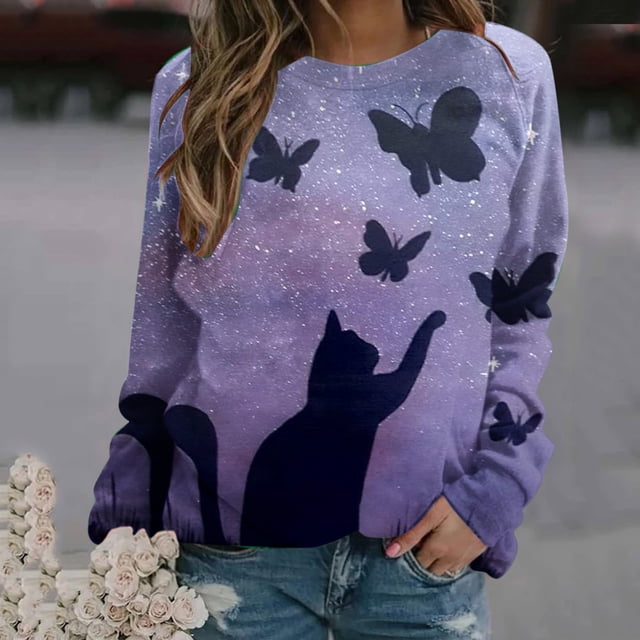 Amzcrzy Sweat-Shirt pour Femmes et Hiver Décontracté Ample Imprimé Chat Manches Longues Col Rond Chandail Chemises Manches Longues pour Femmes Chandail Chandail en Molleton Col Rond Chandail en Molleton Femmes TG