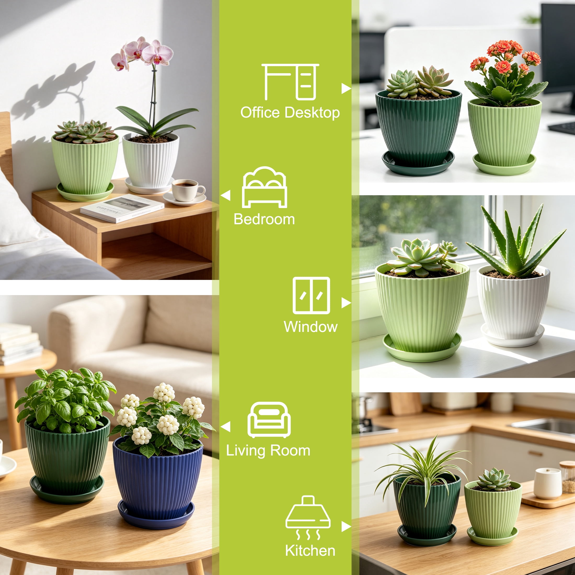 5 Pack Plastic Plant Pots with Drainage Holes and Saucers, Multi Size Indoor Planters, Vertical Ribbed Flower Pots for Succulents, Herbs, House Plants