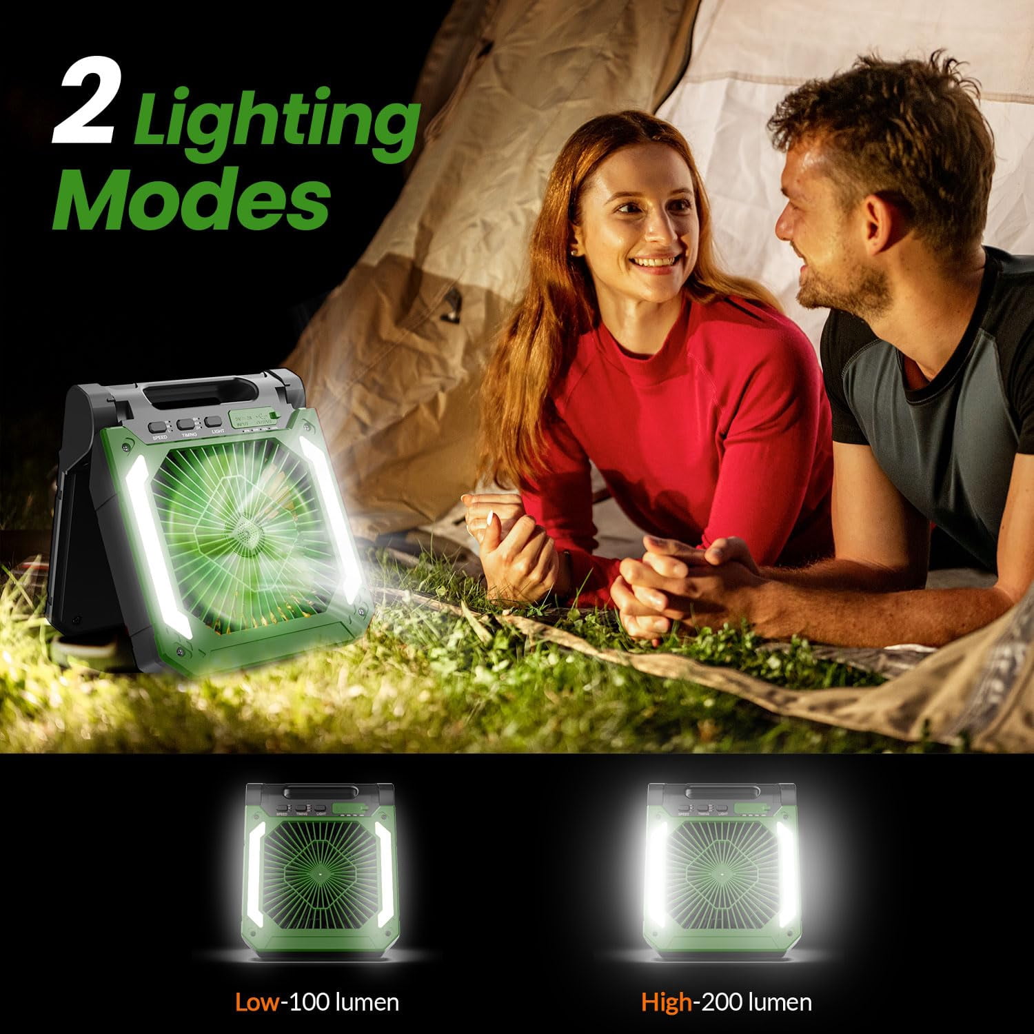 Veubew Camping Fan,Battery Operated Fan,20000mAh Rechargeable Personal Fan with Outdoor LED Light,Solar Charging,3 Speed,3 Timers Pivot 90°,Maximum Battery Life 16H for Office,Bedroom,Works