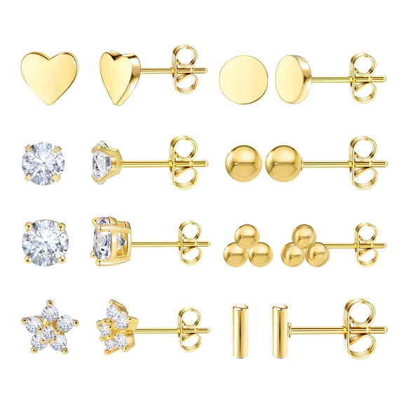 8 Pairs 14K Gold Plated Stud Earrings Set, Titanium Surgical Steel Stud Earrings for Multiple Piercing Hypoallergenic Earrings Flower Heart Ball Cubic Zirconia Studs for Women