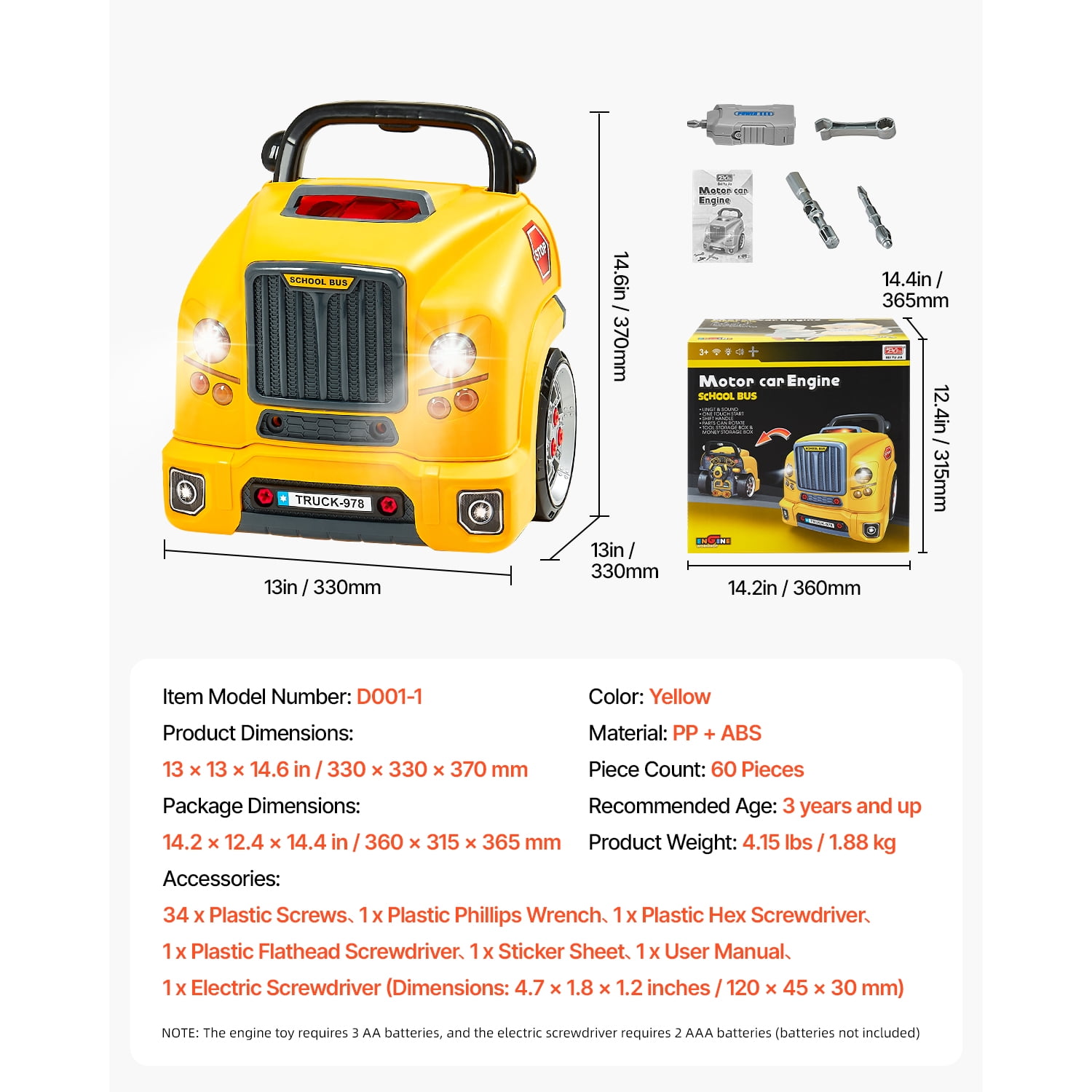 KFFKFF Engine Toy for Kids, 60-Piece Car Repair Playset with Detachable Components, Light and Sound Effects, Steering Wheel and Horn, Workshop Kit for Children Aged 3 and Older, Yellow