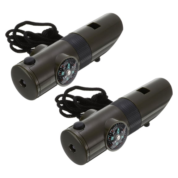 7-in-1 Survival Whistles, Multi-Tool Whistle with  Compass Thermometer Lanyard, Green, 2 Pack